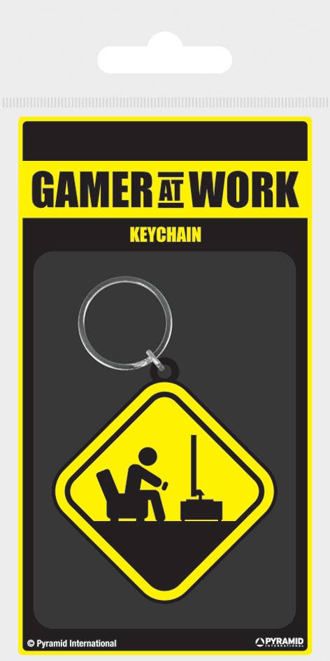 Gamer at Work (Caution Sign) Rubber Keychain